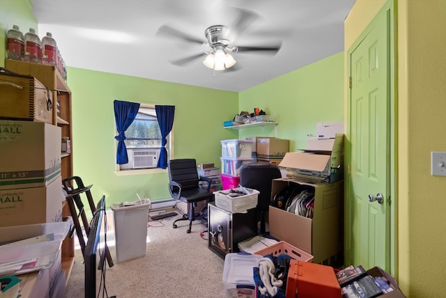 office area with carpet, cooling unit, and ceiling fan