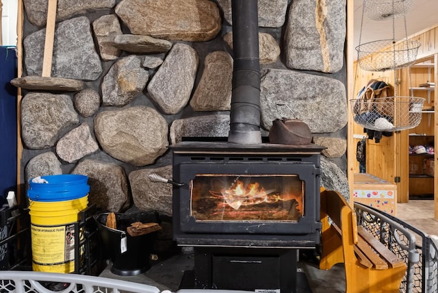 room details featuring a wood stove