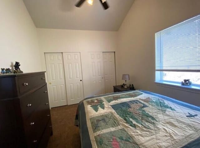 4 Lake Dr, Heron, MT 59844 - bedroom with multiple closets, lofted ceiling, dark colored carpet, and ceiling fan
