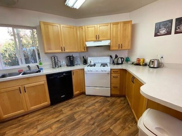 4 Lake Dr, Heron, MT 59844 - kitchen with white gas range oven, black dishwasher, under cabinet range hood, a sink, and light brown cabinetry