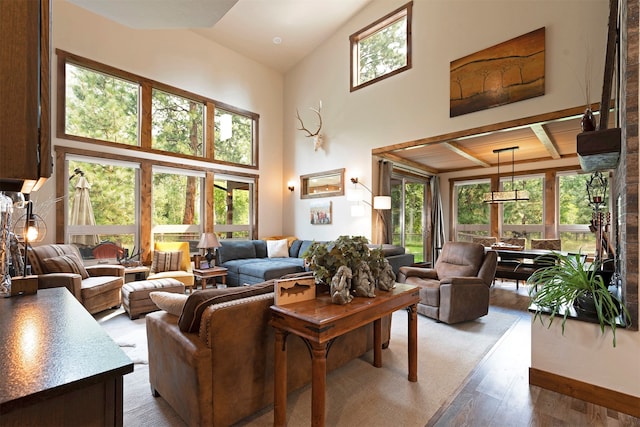 living room with beamed ceiling, wood-type flooring, high vaulted ceiling, and plenty of natural light