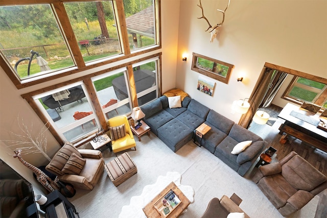 living room with a high ceiling