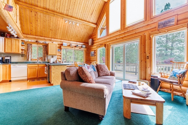 living room featuring light colored carpet, beamed ceiling, wood ceiling, log walls, and high vaulted ceiling