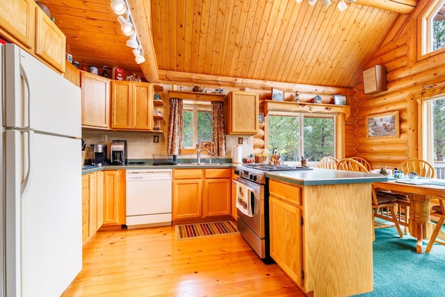 kitchen with a peninsula, log walls, white appliances, wooden ceiling, and rail lighting