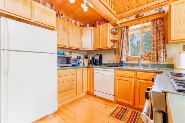 kitchen with track lighting, a sink, white appliances, wood ceiling, and light wood-style flooring