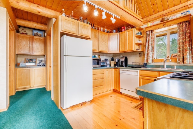 kitchen with light brown cabinets, wooden ceiling, open shelves, and white appliances