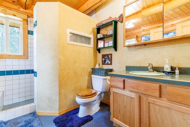 full bath featuring vanity, toilet, wood ceiling, and a shower