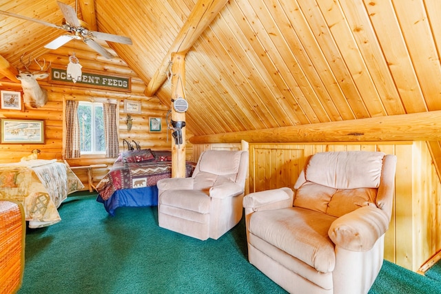 carpeted bedroom with wooden ceiling, log walls, and vaulted ceiling with beams
