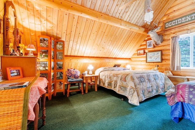 carpeted bedroom with rustic walls, vaulted ceiling with beams, and wooden ceiling