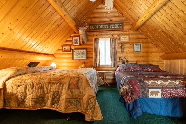 bedroom with rustic walls, carpet floors, wooden ceiling, and lofted ceiling with beams