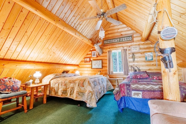bedroom featuring wooden ceiling, rustic walls, vaulted ceiling with beams, and carpet