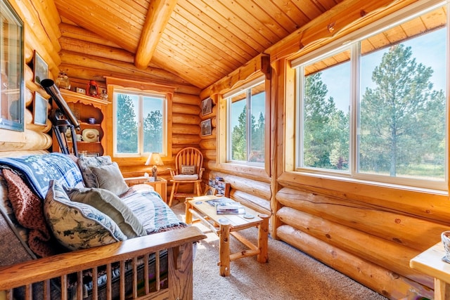 interior space with vaulted ceiling with beams, wooden ceiling, and log walls