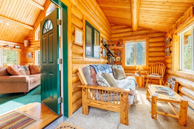 living area with lofted ceiling with beams, wooden ceiling, carpet, and rustic walls