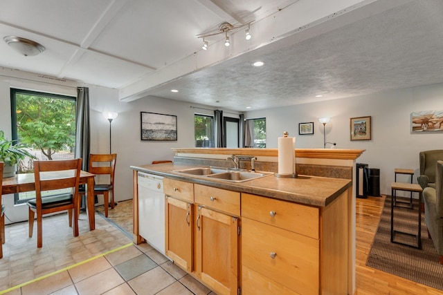 kitchen featuring white dishwasher, sink, plenty of natural light, and a center island with sink