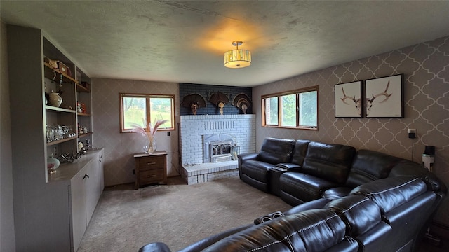 202 Lakeshore Dr, Kalispell, MT 59901 - carpeted living area featuring a brick fireplace, wallpapered walls, and a textured ceiling