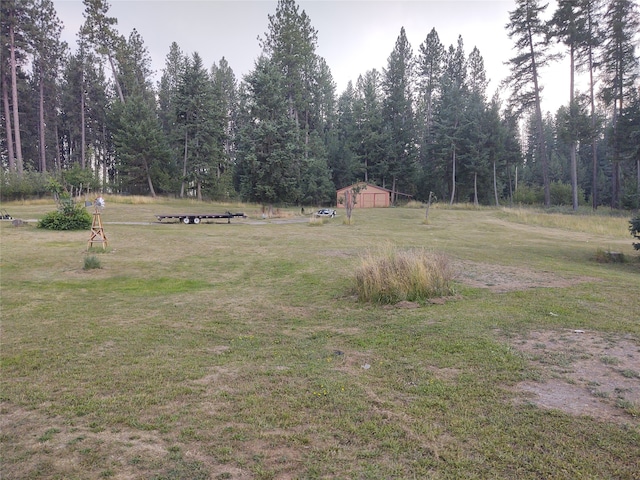 view of yard with a storage shed