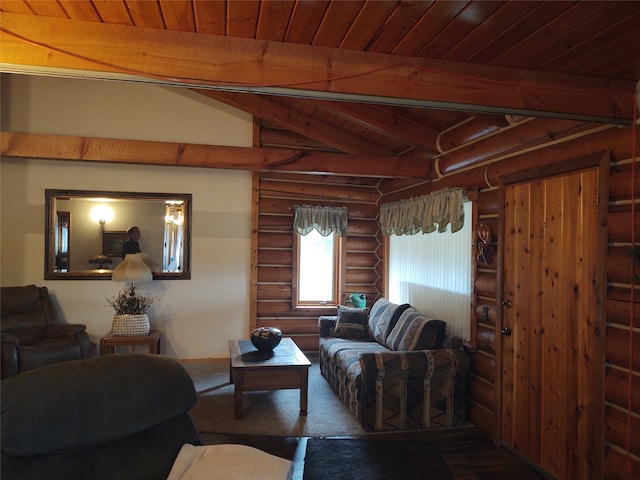 living room featuring wooden ceiling, lofted ceiling with beams, and log walls