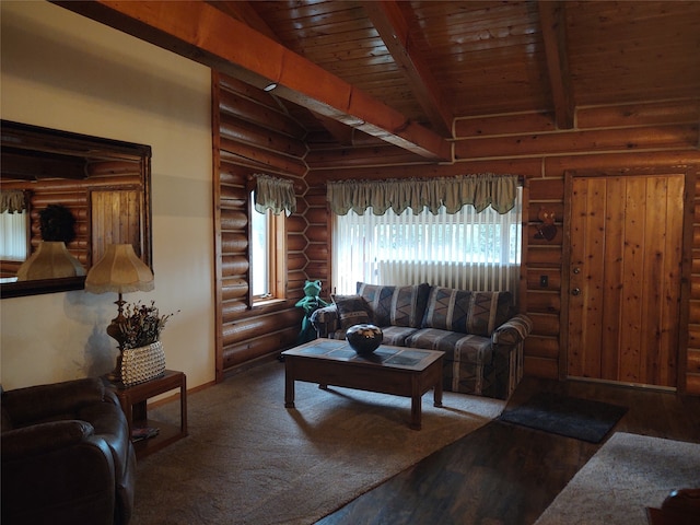 living room featuring rustic walls, hardwood / wood-style floors, wooden ceiling, and vaulted ceiling with beams