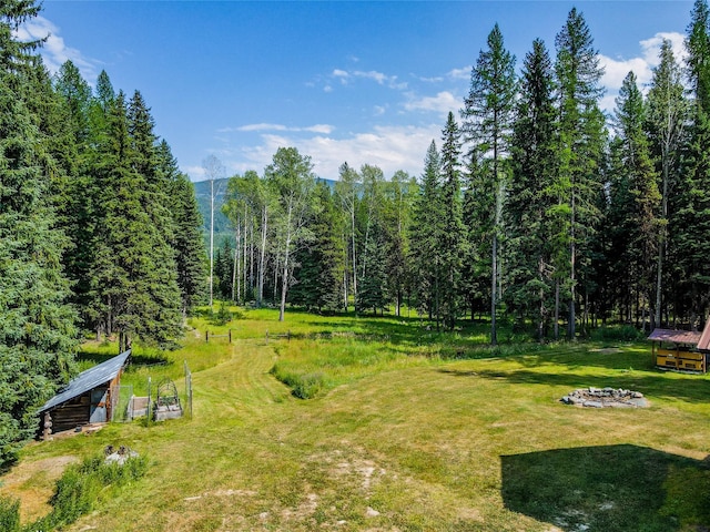 view of yard featuring a fire pit and a view of trees