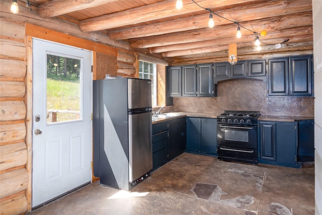 entryway featuring plenty of natural light, log walls, and beamed ceiling