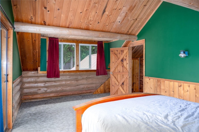 bedroom featuring wood ceiling, carpet flooring, vaulted ceiling, and rustic walls