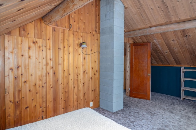 carpeted bedroom featuring lofted ceiling with beams, rustic walls, and wood ceiling