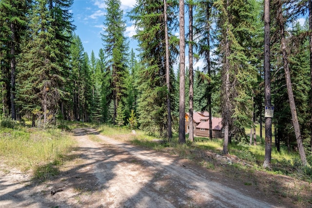 view of street with dirt driveway and a wooded view