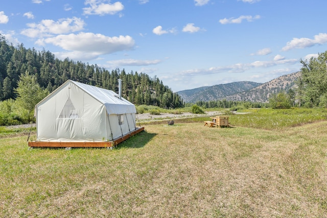 view of yard with a mountain view and an outdoor structure