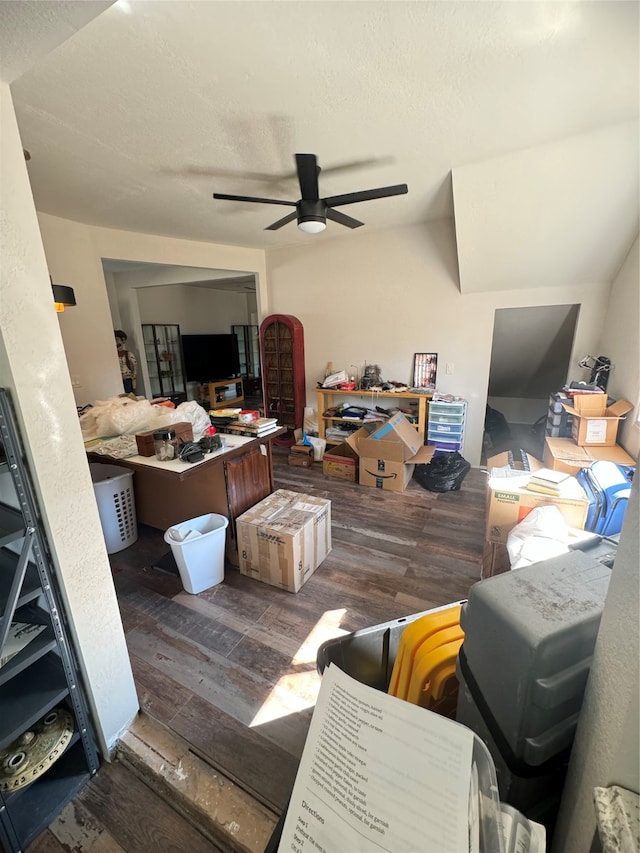 living room featuring dark wood-type flooring and ceiling fan