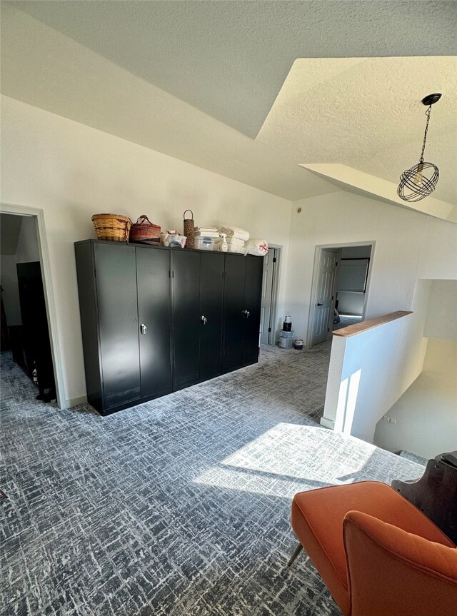 interior space featuring a textured ceiling and carpet flooring