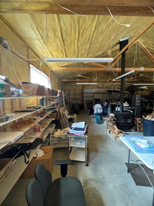 garage featuring a wood stove