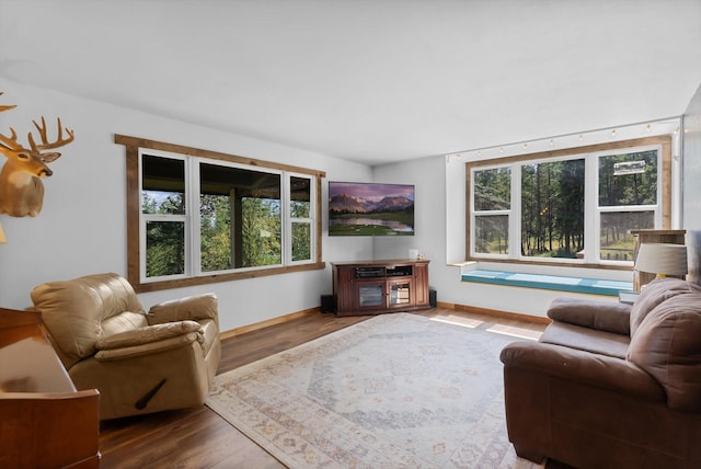 living area featuring baseboards, a wealth of natural light, and wood finished floors