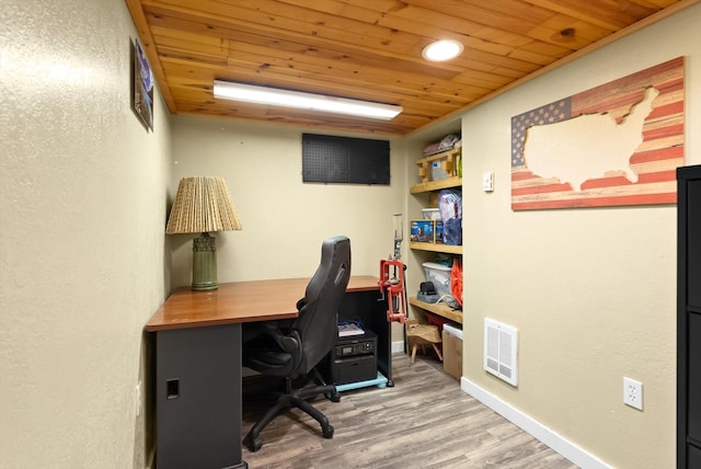 office space with wood ceiling, visible vents, baseboards, and wood finished floors