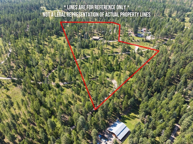 birds eye view of property featuring a wooded view