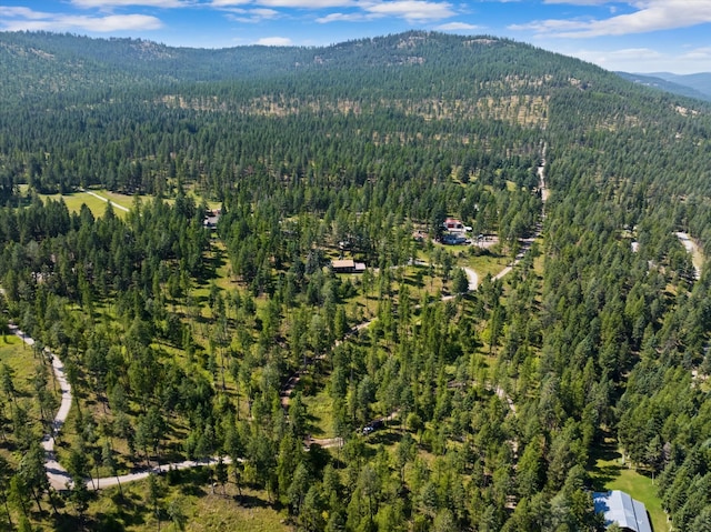 drone / aerial view with a forest view and a mountain view