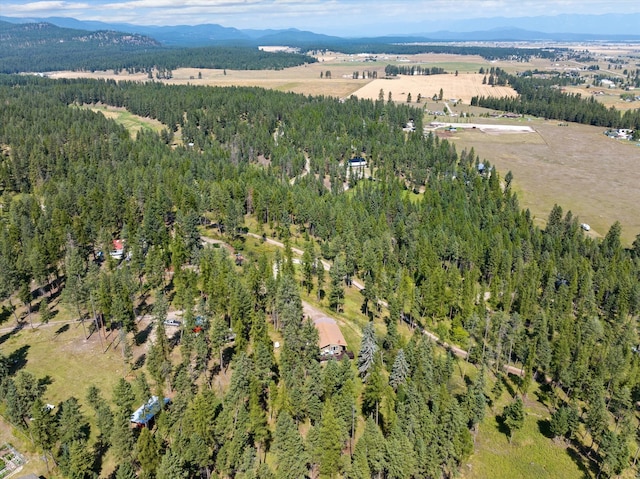 aerial view featuring a forest view and a mountain view