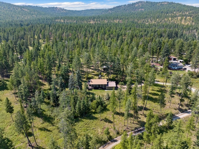 bird's eye view featuring a mountain view and a view of trees