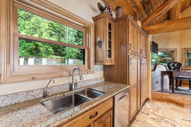 kitchen featuring light stone countertops, lofted ceiling with beams, a sink, wood ceiling, and dishwasher