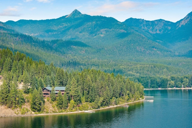 exterior space with a forest view and a water and mountain view