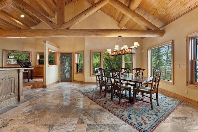 dining space with stone tile flooring, a chandelier, wooden ceiling, and baseboards