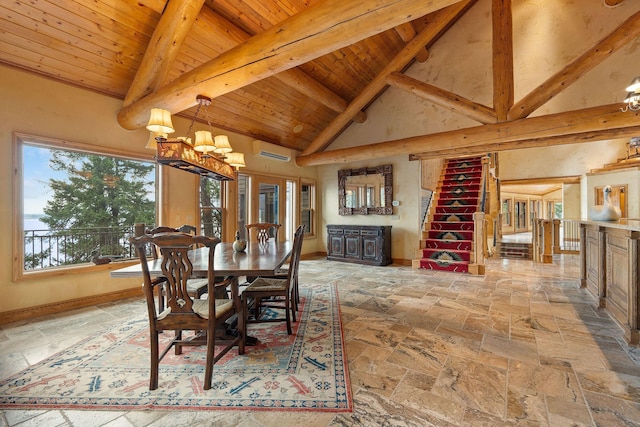 dining space with baseboards, an inviting chandelier, stone tile flooring, and a wall unit AC