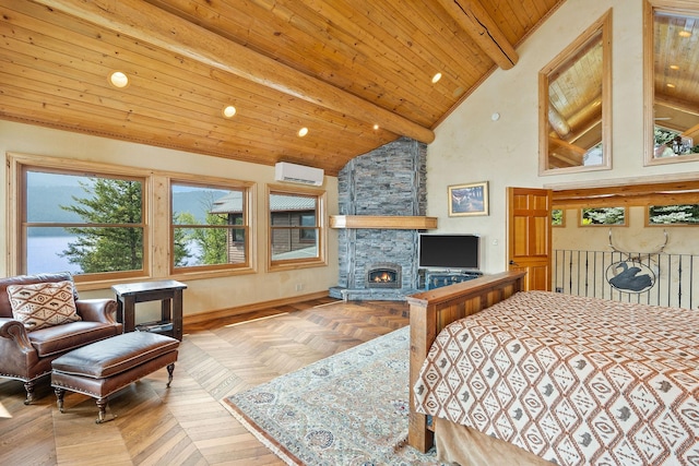 bedroom with beam ceiling, high vaulted ceiling, a wall unit AC, a stone fireplace, and wood ceiling