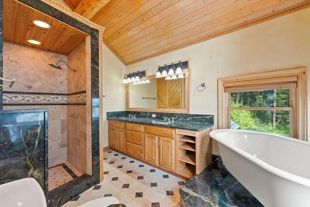 bathroom with a freestanding tub, a stall shower, a sink, double vanity, and wood ceiling