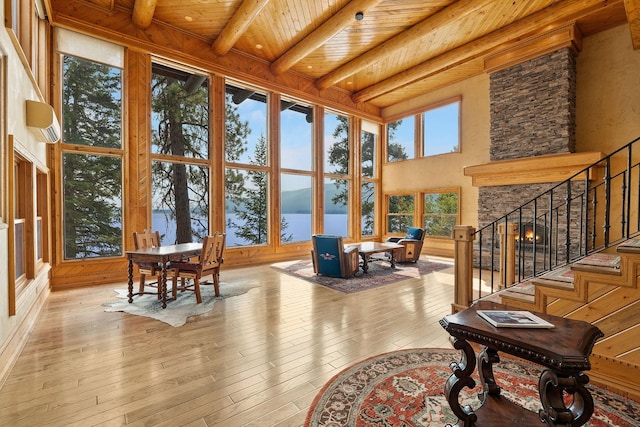 sunroom / solarium featuring beamed ceiling and wood ceiling