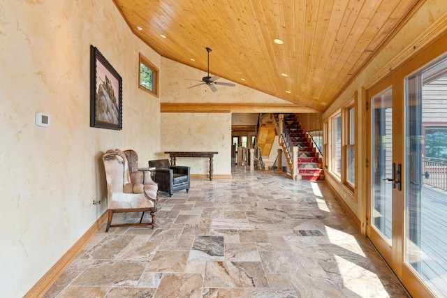 living area with recessed lighting, wood ceiling, a healthy amount of sunlight, and lofted ceiling