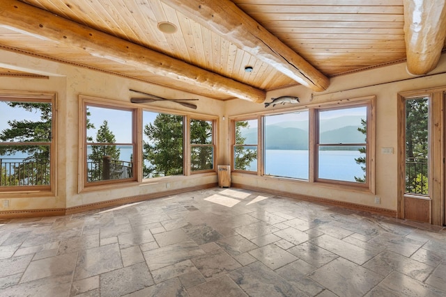 unfurnished sunroom with wooden ceiling, beamed ceiling, a water view, and a wealth of natural light