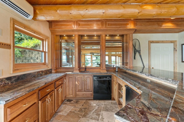 bar featuring black dishwasher, beam ceiling, wooden ceiling, stone finish floor, and a wall mounted AC