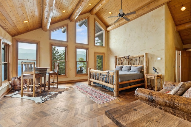 bedroom with beamed ceiling, high vaulted ceiling, recessed lighting, wooden ceiling, and baseboards