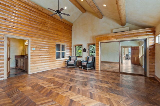 view of patio featuring a ceiling fan and a wall mounted AC