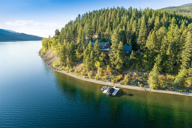 bird's eye view featuring a wooded view and a water and mountain view